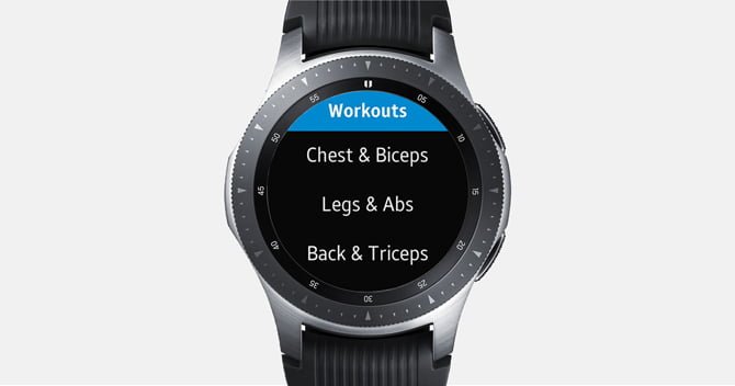 Screenshot of the Galaxy Watch showing different kind of workout