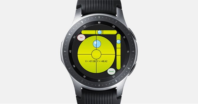 Screenshot of the Galaxy Watch with Spirit Level Pro showing the Spirit bubbles close the center point.