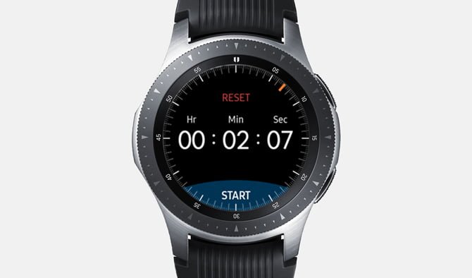 Screenshot of the Galaxy Watch with Timer App showing a running timer at 2 mintues