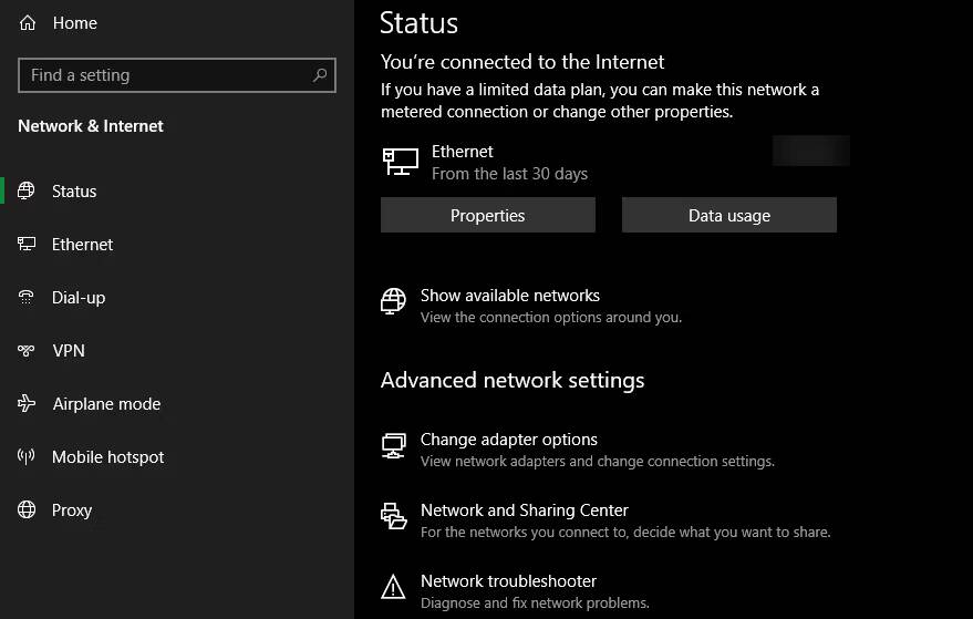 الويندوز | لا يوجد اتصال إنترنت 5 | Windows 10 Network Status Page