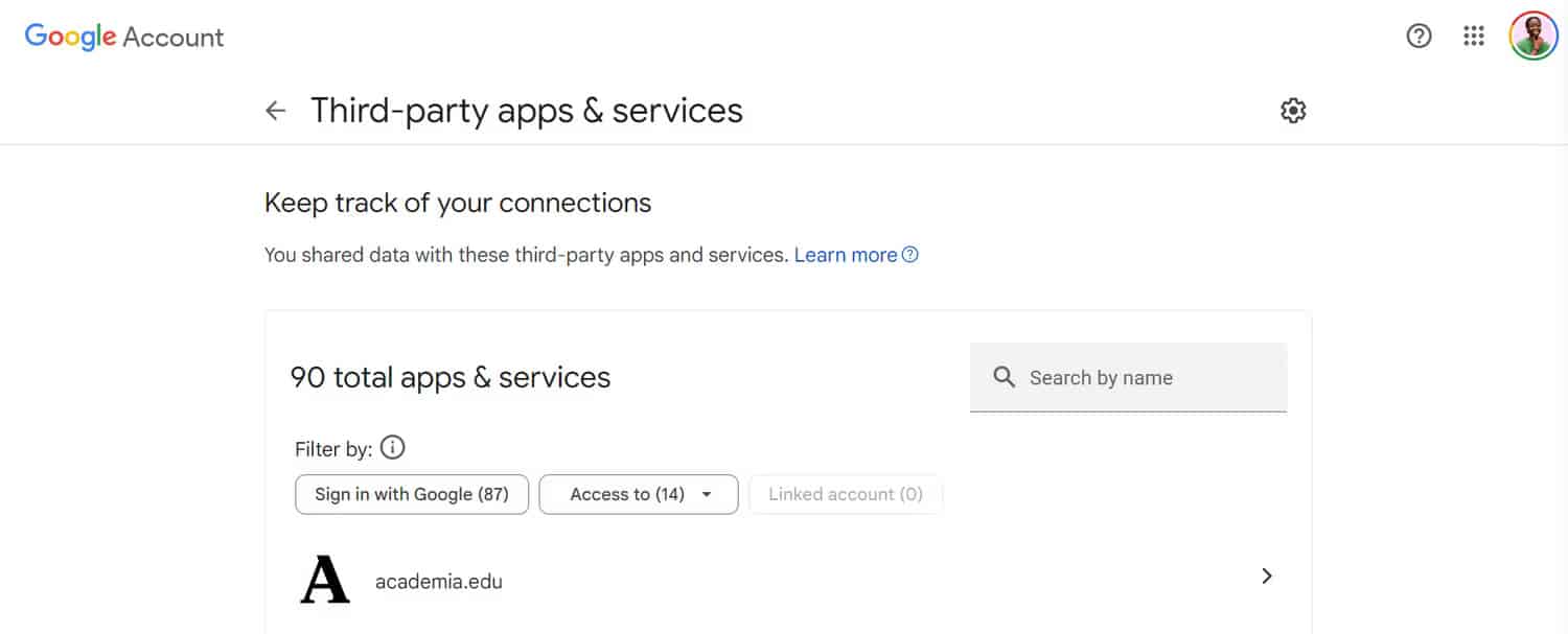 شروحات | الحسابات المرتبطة بعنوان بريدك 3 | screenshot showing a list of third party services and apps linked with a google account